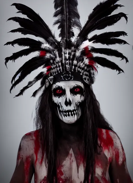 Image similar to the ghost - spirit of the grim - warpaint wears the scarlet skull armor and native blood headdress feathers, midnight fog - mist!, realism, cinematic lighting, various refining methods, micro macro autofocus, ultra definition, award winning photo