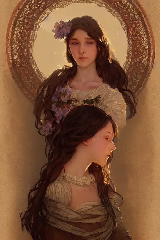 Image similar to beautiful cottagecore young peasant maiden, innocent, intricate, elegant, highly detailed, digital painting, artstation, concept art, smooth, sharp focus, illustration, art by artgerm and greg rutkowski and alphonse mucha