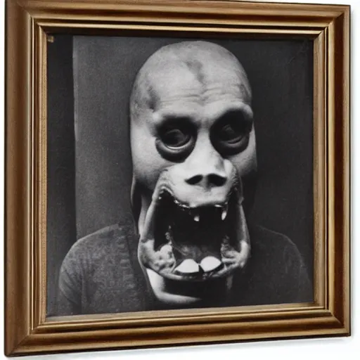 Prompt: photo portrait of ugly brutal animal face male cultist by Diane Arbus and Louis Daguerre