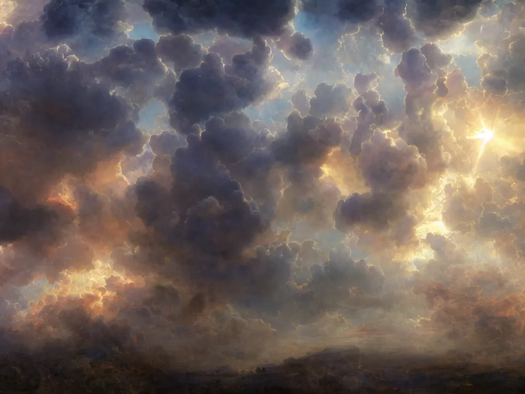 Prompt: breathtaking detailed digital painting of a detailed cathedral flying in white clouds in the sky, above the skies with the sun shining through tumultuous clouds, colorful stained glass with one person standing in front, rembrandt style, hyper detailed, volumetric lighting, concept art, matte, sharp focus, 8 k, by alfons mucha, tom bagshaw, and greg rutkowski
