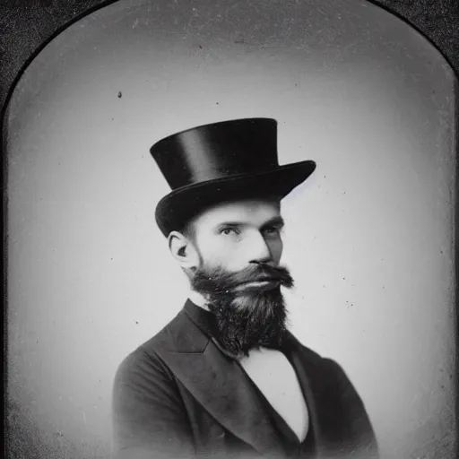 Image similar to A photograph portrait of Jerma985 in the mid-late 1800s with a top hat and beard, taken in the mid-late 1800s, grainy, taken on a Field View Camera, realistic, hyperrealistic, very realistic, highly detailed, very detailed, extremely detailed, detailed, digital art, trending on artstation