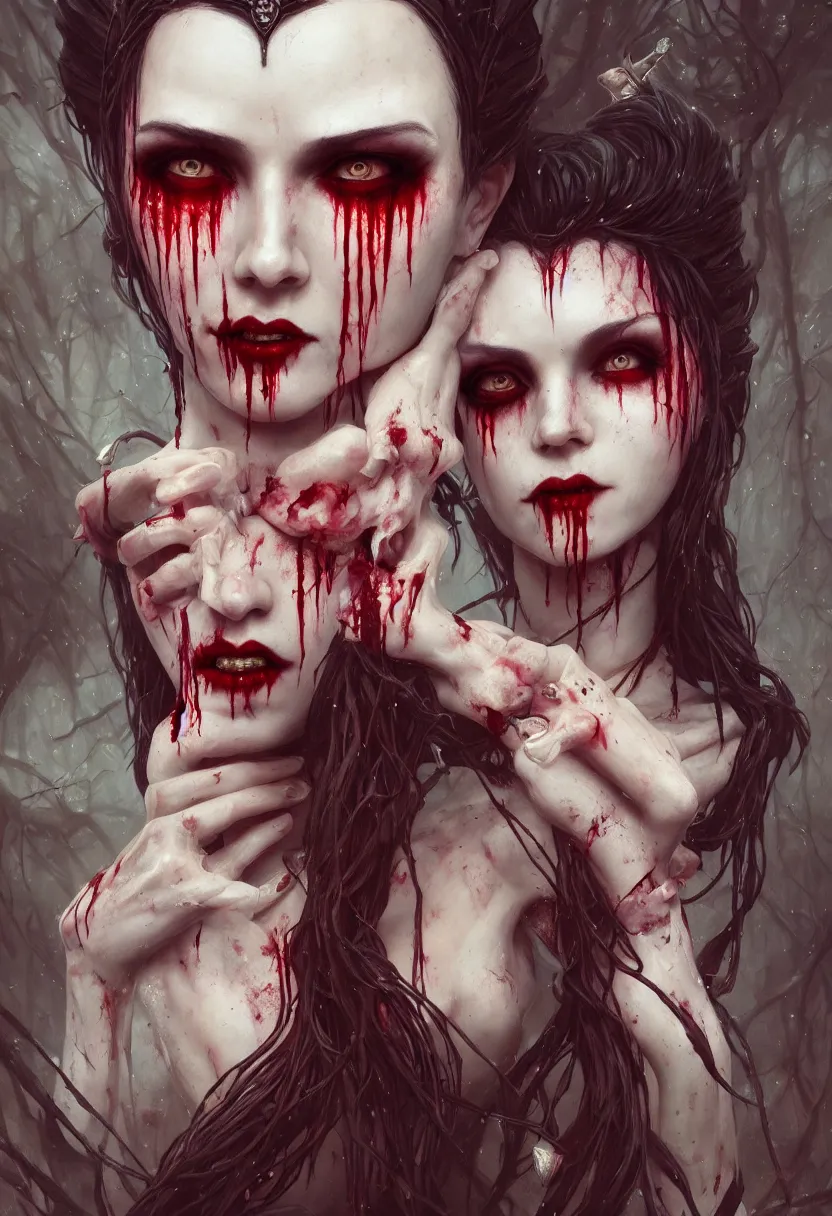 Image similar to beautiful, very very very extreme closeup portrait, bloody, vampire girl, extreme blood, vampire fangs, medieval dress. witch, makeup. unreal engine, greg rutkowski, loish, rhads, beeple, tom bagshaw, alphonse mucha, global illumination, detailed and intricate environment