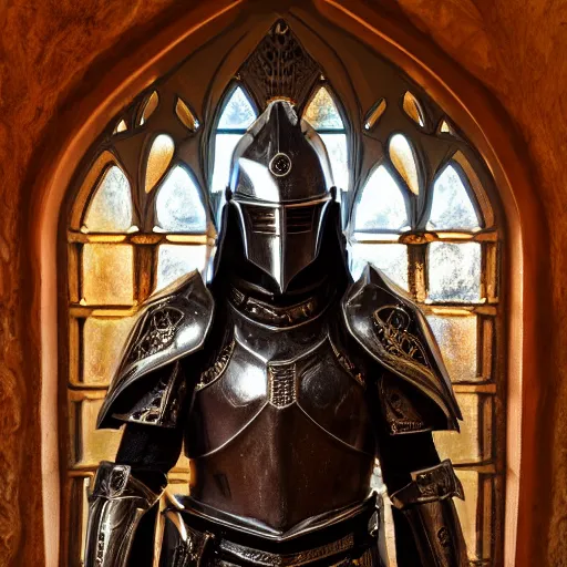 Prompt: evil knight, glowing halo, fantasy paladin, intricate legendary armor, located in a castle, morning sunlight through the window, decorated, high quality, highly detailed, 4 k