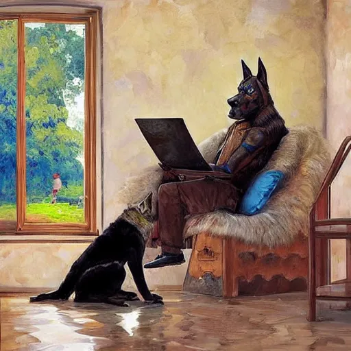 Image similar to a humanoid german shepherd beast - man, sitting and watching a soccer match in his house on television, he has hurt his knee and is a dad, by erin hanson, alexi zaitsev, karl spitzweg, award winning, tv set