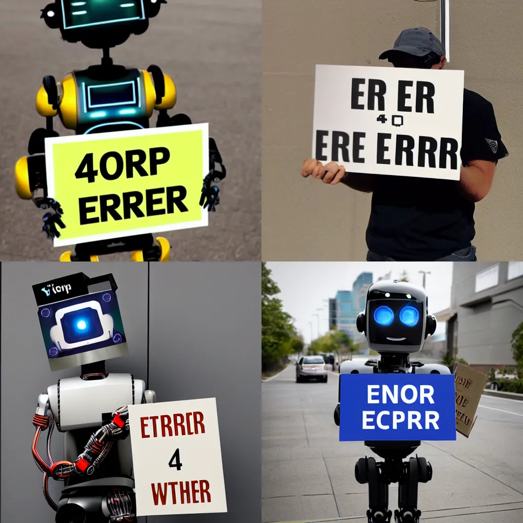 Prompt: photo of robot holding a sign with text that reads : error 4 0 4