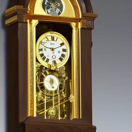 Image similar to photo of a grandfather clock with a gold-colored human face coming out of the front