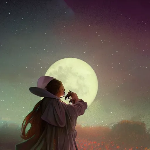 Prompt: retro moon beutiful lights stars in the background atmosferic digital painting, artstation, concept art, soft light, hdri, smooth, sharp focus, illustration, fantasy, intricate, elegant, highly detailed, D&D, matte painting, in the style of Greg Rutkowski and Alphonse Mucha and artemisia, 8k, highly detailed, jurgens, rutkowski, bouguereau, pastoral, rustic, georgic