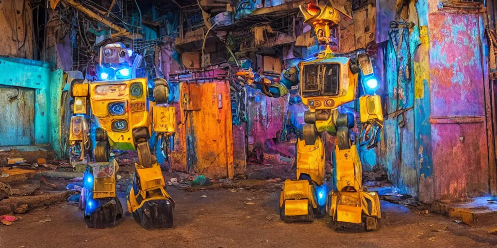 Image similar to colourful - damaged - giant mecha ROBOT of neon lit AJEGUNLE SLUMS of Lagos, markings on robot, Golden Hour,