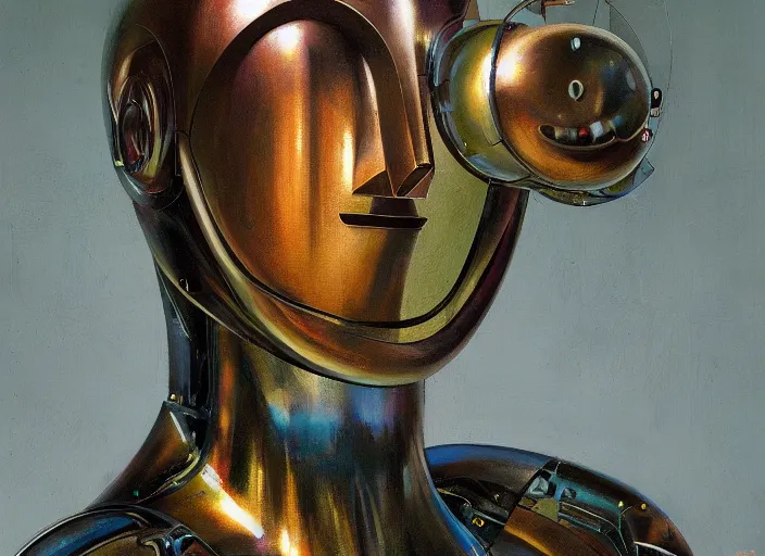 Image similar to asymmetrical portrait headshot of sci fi metallic human, bright eyes, melancholic complex geometric figure liminal biomechanical by oskar schlemmer, moebius, john berkey, film grain, oil on canvas, portrait facial head, featured on artstation, hd wallpaper, 8 k, bright colors, global radiant light