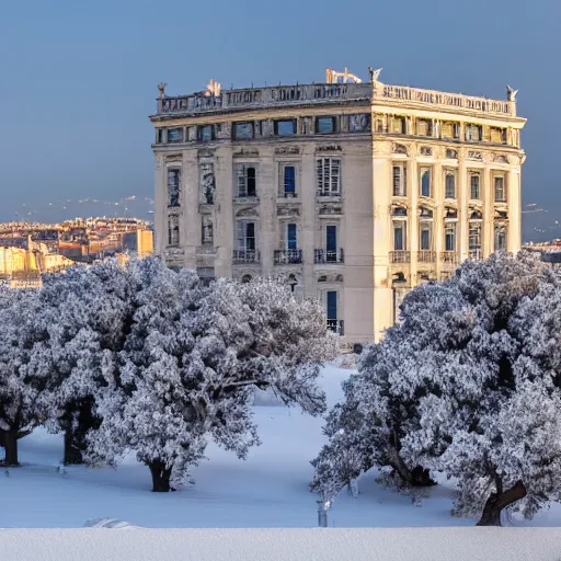 Image similar to Marseille landmarks covered in snow at midday, photo, professional photography.