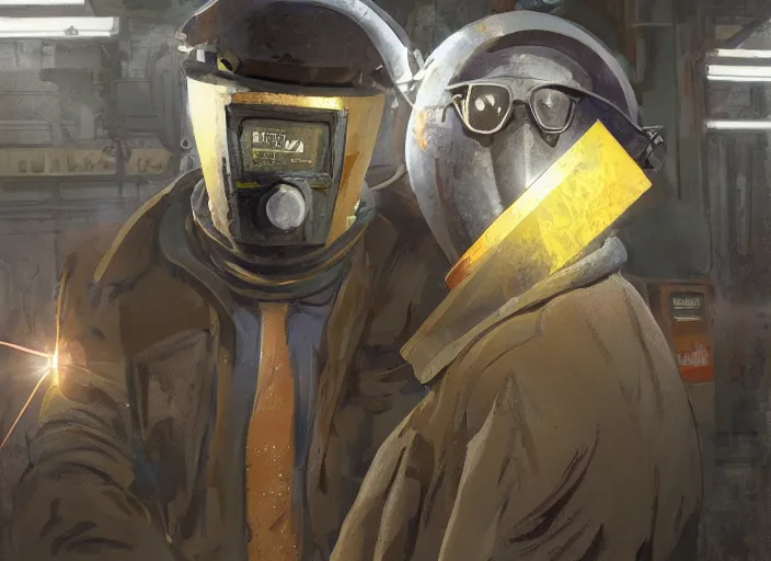 Image similar to welder with welding masks in subway, in the style of craig mullins