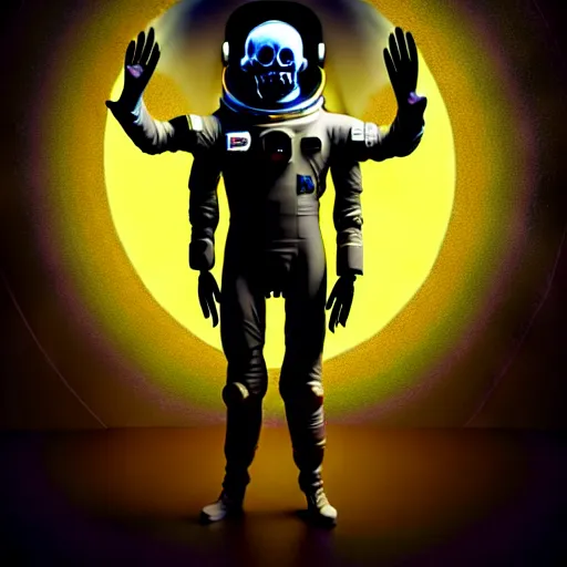 Image similar to full-body dark creepy baroque style oil painting realism a decapitated astronaut with futuristic elements. he welcomes you with no head, empty helmet skull visible occult mystical symbolism headless full-length view. standing on ancient altar eldritch energies lighting forming around disturbing frightening intricate renaissance, digital illustration hyper realism, 8k, depth of field, 3D