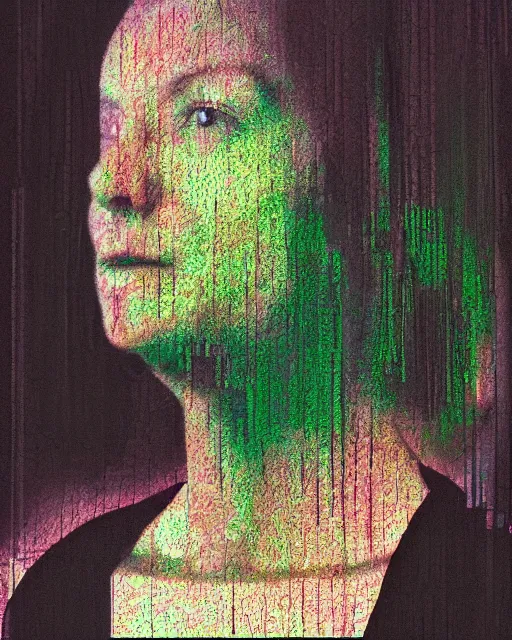 Image similar to a woman's face in profile, made of glitch art, in the style of the dutch masters and gregory crewdson, dark and moody