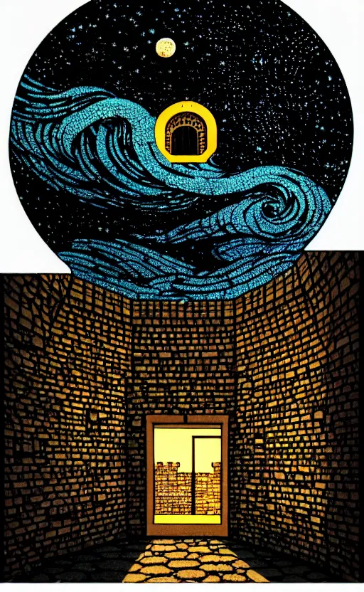 Image similar to stone brick wall inside of a castle, round window looking out to the starry night sky laboratory, high details, intricately detailed, by vincent di fate, inking, 3 color screen print, masterpiece, trending on artstation,, sharp, details, hyper - detailed, hd, 4 k, 8 k