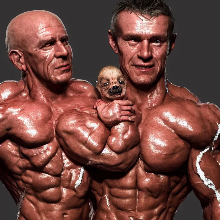 Prompt: octane render portrait by wayne barlow and carlo crivelli and glenn fabry, a incredibly horrifically muscular shredded ripped couple covered in shiny baby oil posing for a 1 9 9 0's sear's portrait photo while holding a small adorable demon puppy, cinema 4 d, ray traced lighting, very short depth of field, bokeh