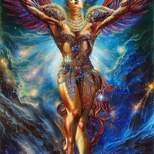 Image similar to full muscular body made of gems with golden feathers ,thunder, shining light, nebulas, god rays by Karol Bak, Ayami Kojima, Amano