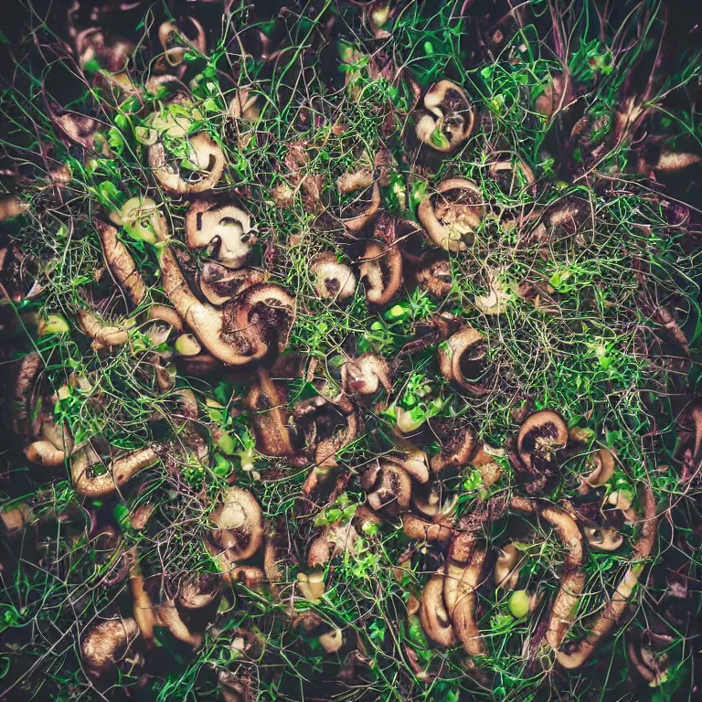 Prompt: double exposure of dally life, symbols of live, explosion, different sprouts and microgreens on mushrooms, cyber mushroom city, mushroom matrix, love is the most relevant theme, 8 k resolution, artistic mode, artistic, trending on instagram, long exposure, love art, serious, fantasy and dreams vibes, mushrooms style and macro style, spring vibes in twilight or sunset lights