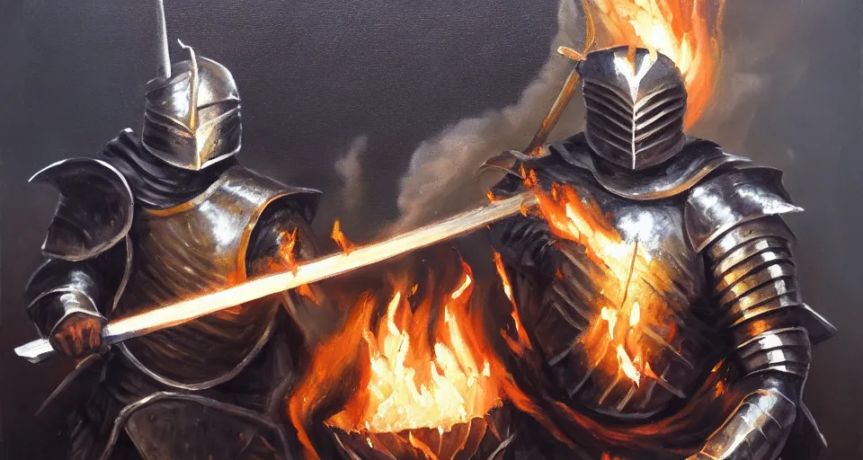 Image similar to An oil painting of a knight in dark metal armor wielding a flaming sword