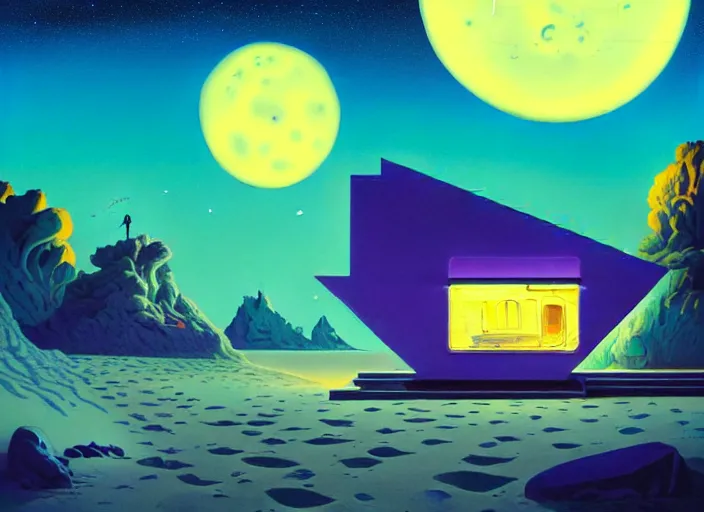 Image similar to a luminescent beach hut at night by paolo eleuteri serpieri and tomer hanuka and chesley bonestell and daniel merriam and tomokazu matsuyama, unreal engine, high resolution render, featured on artstation, octane, 8 k, highly intricate details, vivid colors, vector illustration