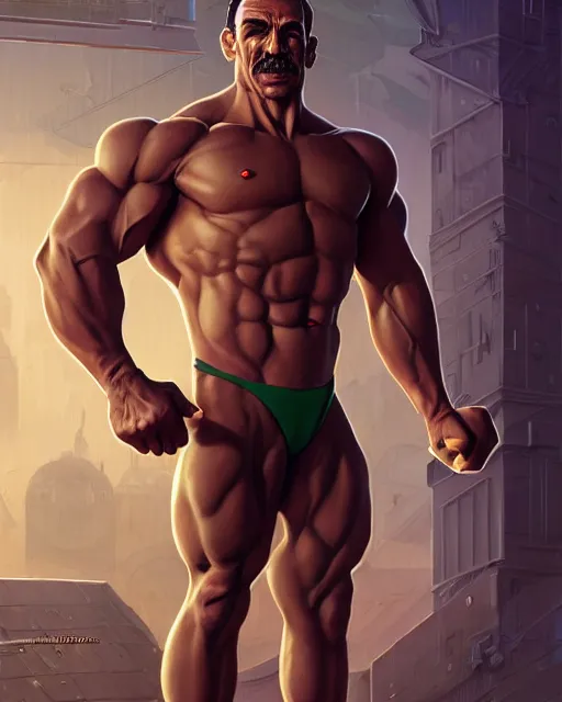 Image similar to luigi bodybuilder in a expensive suit, ernest khalimov body by krista sudmalis, fantasy character portrait, ultra realistic, futuristic background by laurie greasley, concept art, intricate details, highly detailed by greg rutkowski, ilya kuvshinov, gaston bussiere, craig mullins, simon bisley