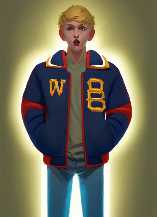 Image similar to portrait of high school senior boy named big moose, blonde short hair, jock, beefy, wide face, square jaw, square facial structure, blue varsity jacket with letter r, intricate, elegant, glowing lights, highly detailed, digital painting, artstation, concept art, sharp focus, illustration, art by wlop, mars ravelo and greg rutkowski