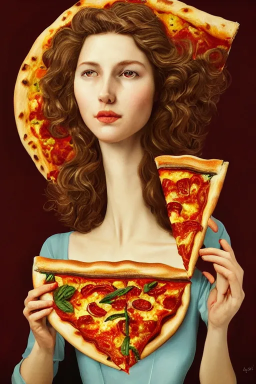 Image similar to a highly detailed queen margherita ( savoy ) eating!!! a pizza! margherita, full body, detailed painting by arturo faldi, trending on deviantart, octane, masterpiece