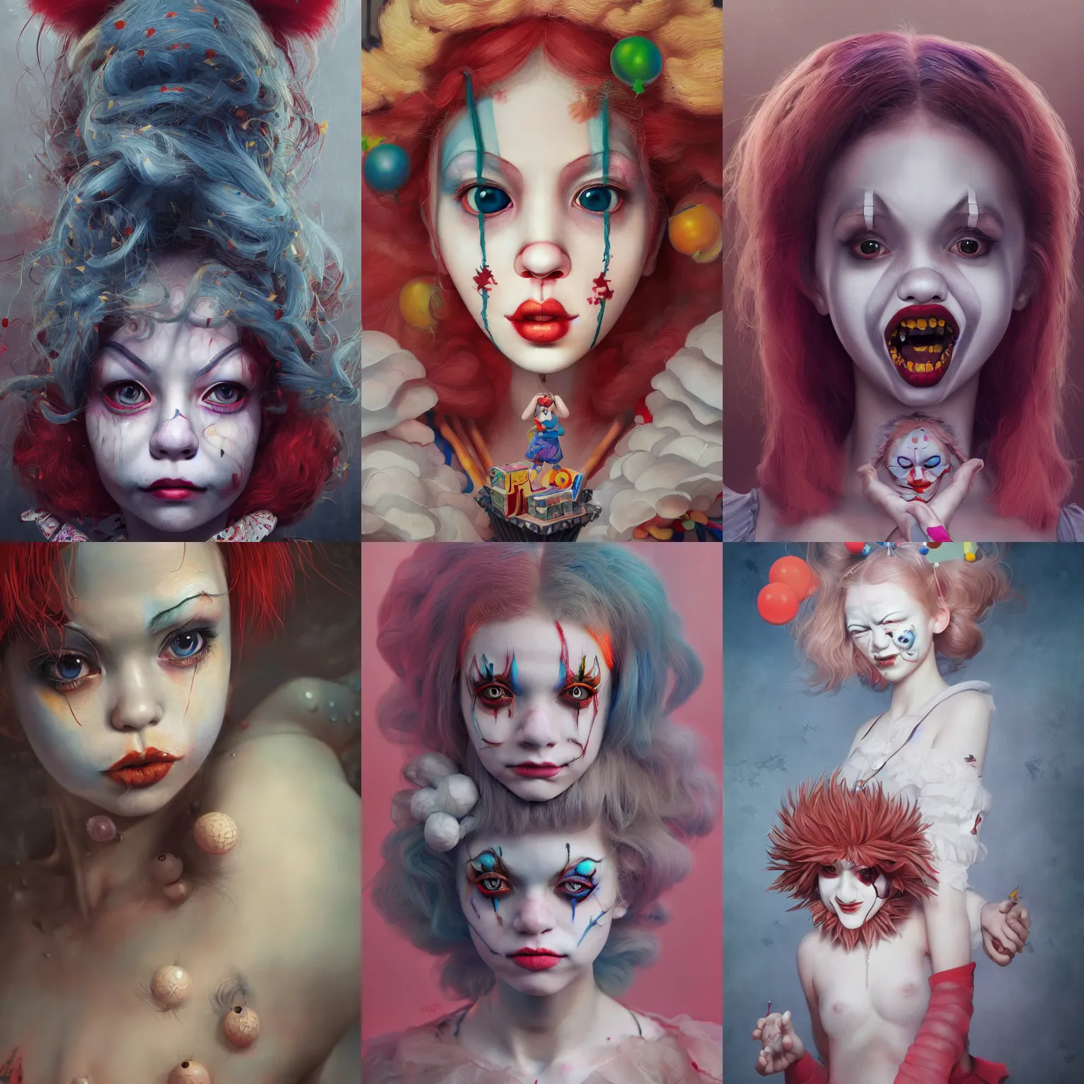 Image similar to breathtaking detailed painting of clown girl , with anxious, piercing eyes, Atari game cover art by Hsiao-Ron Cheng, James jean, Miho Hirano, Hayao Miyazaki, extremely moody lighting, hyperrealistic, octane render, RPG portrait, ambient light, dynamic lighting