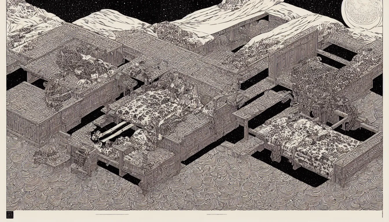 Image similar to king - size bed by woodblock print, nicolas delort, moebius, victo ngai, josan gonzalez, kilian eng