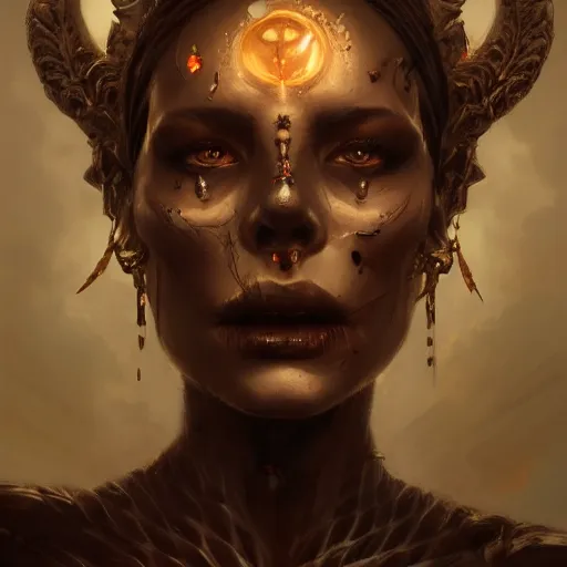 Prompt: a beautiful portrait of skull goddess by greg rutkowski and raymond swanland, dark background, trending on artstation, ultra realistic digital art