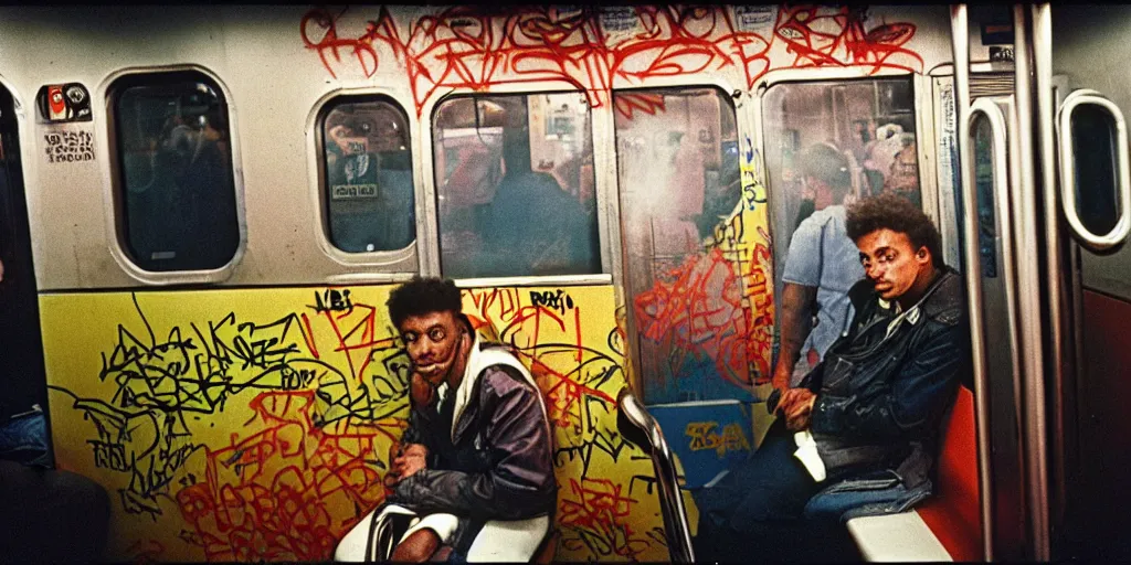 Image similar to new york subway cabin 1 9 8 0 s inside all in graffiti, policeman closeup, coloured film photography, christopher morris photography, bruce davidson photography