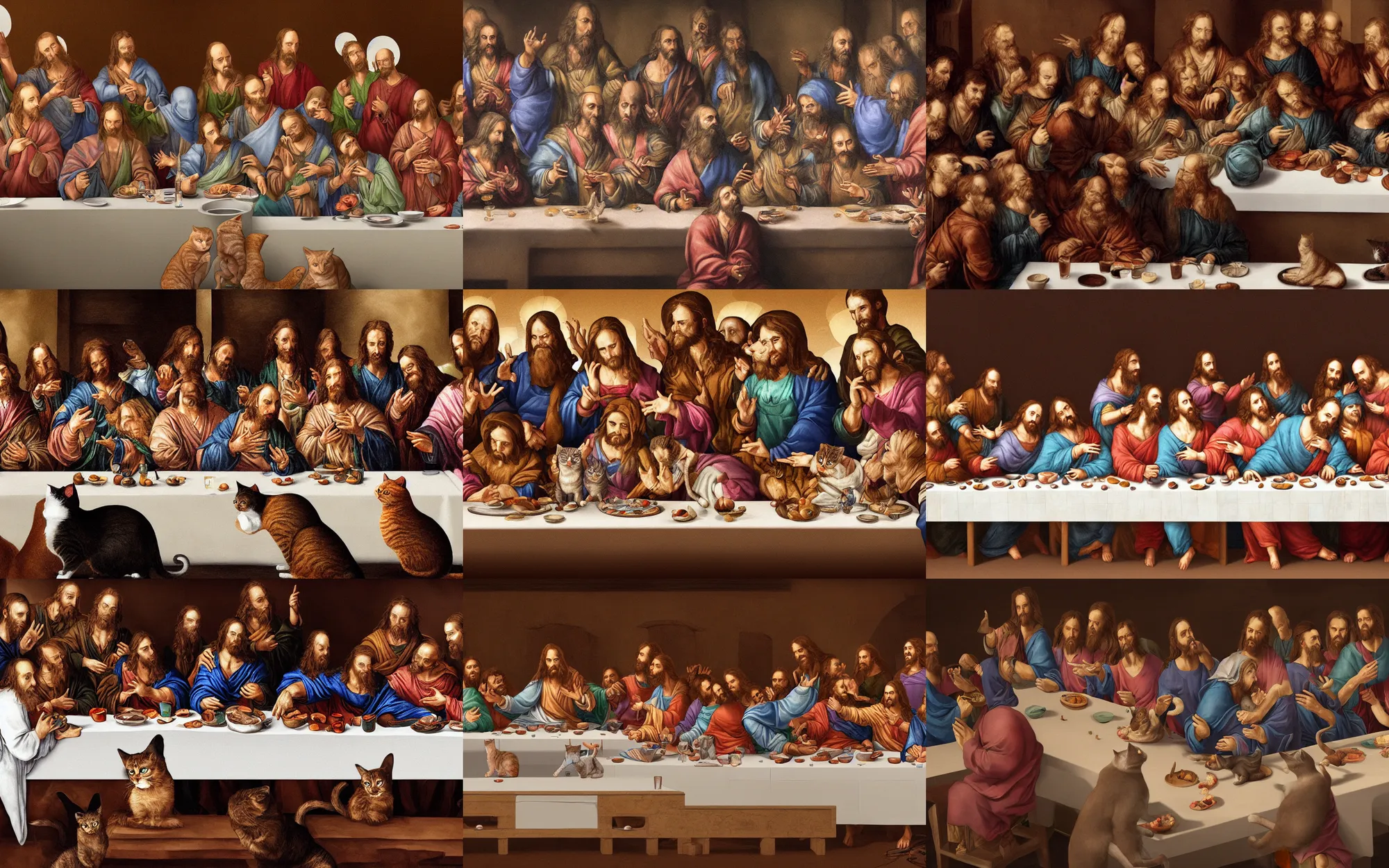 Prompt: the last supper everyone is a cat, ultra detail, digital painting