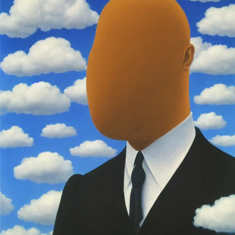 Prompt: portrait of a faceless cloud - head man in a suit, clouds in the background, by rene magritte, detailed painting, distance, middle centered, hd, hq, high resolution, high detail, 4 k, 8 k