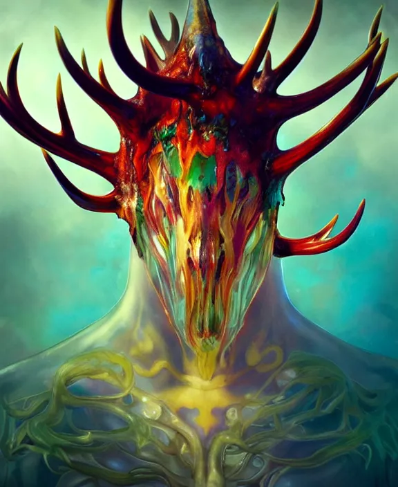 Image similar to filigreed colorful transparent portrait of a terrifying beautiful alien sea creature, antlers, mottled coloring, adorable, childlike, horror environment, ultra realistic, concept art, art nouveau, photorealistic, octane render, 8 k, unreal engine. art by christopher marley and artgerm and greg rutkowski and alphonse mucha
