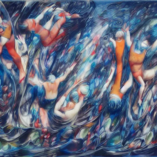 Image similar to by marco mazzoni, by ernst wilhelm nay relaxed, spirited. the performance art of a huge wave about to crash down on three small boats. the boats are filled with people, & they all look terrified.