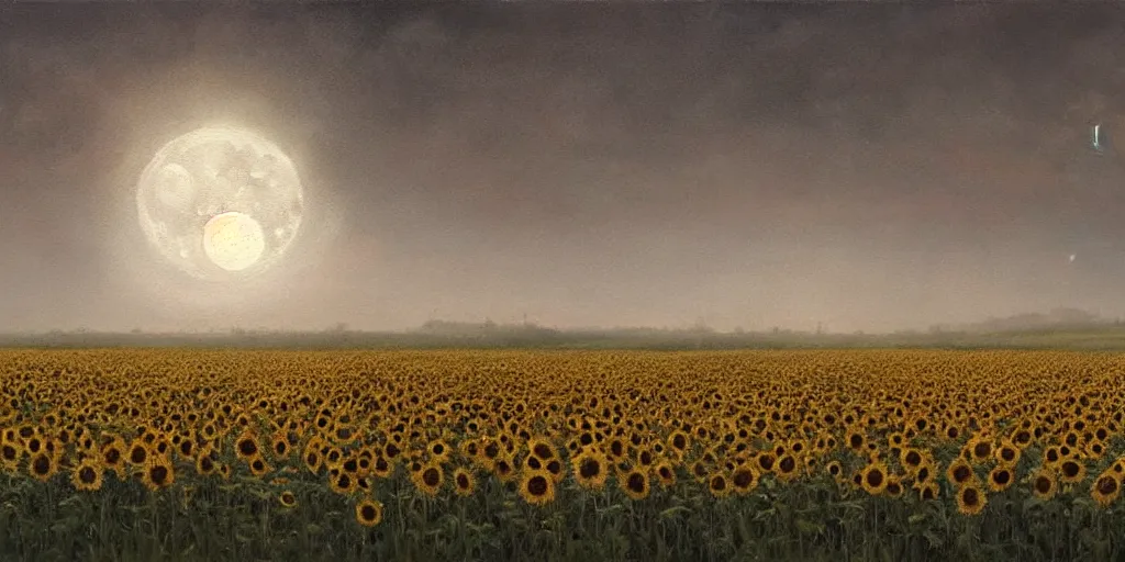 Prompt: A hyper realistic oil painting of a sunflower field at night, gentle light of the moon, high contrast, clouds in the sky, mist in the distance, by Greg Rutkowski, trending on artstation