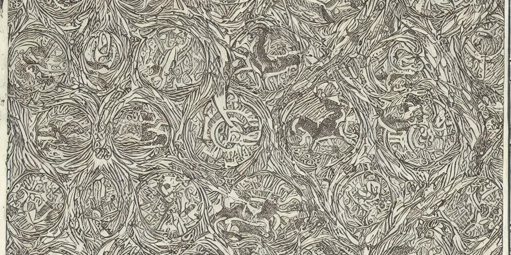 Prompt: scan of old symmetrical patterned wallpaper showing hay creatures and cryptic occult alpine symbols and dolomites, wood engraving