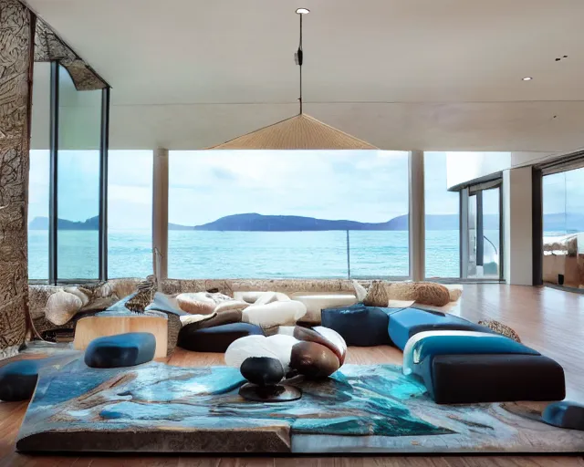 Prompt: A modern living room inspired by the ocean, a luxurious wooden coffee table with large seashells on it, amazing detail, 8k resolution, blue color, calm, relaxed style, harmony, wide angle shot