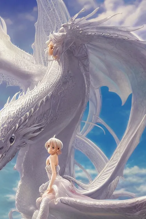 Prompt: beautiful scene render that a princess ride on a huge silver white dragon back, finely detailed angelic face delicate features directed gaze, in the fairyland surrounded by white clouds, style of makoto shinkai, raphael lacoste, louis comfort tiffany, artgerm, james jean, ross tran, 8 k hd, ultra wide angle, animation style, hyper detailed