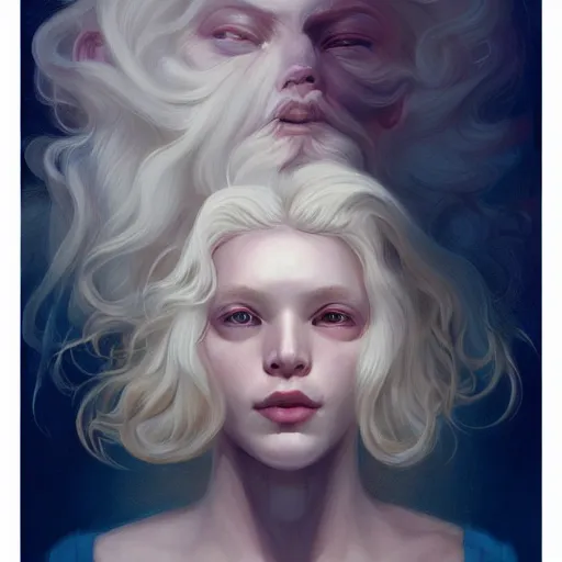 Image similar to prompt portrait of a beautiful androgynous blond man, albino pale white skin and long fluffy curly blond hair, Center parted curtain bangs, close up view, head and upper body, looking upward, fullface, light from above, by Peter Mohrbacher, trending on artstation, 8k