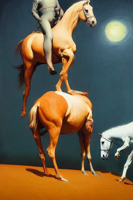 Image similar to a horse stands on the back of a horse astronaut, hauntingly surreal, highly detailed painting by francis bacon, edward hopper, adrian ghenie, gerhard richter, and james jean soft light 4 k,