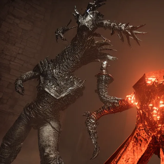 Image similar to balenciaga fashion monster reimagined as a boss in dark souls, dark cinematic, volumetric, realistic, cinematic lighting, ray tracing, unreal engine 5, unreal engine render, octane render, hyper realistic, photo, 8 k