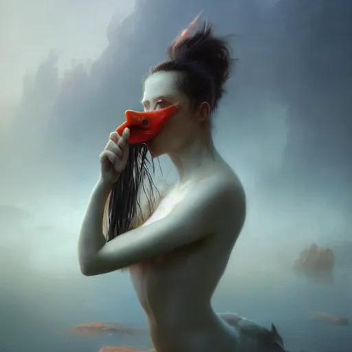 Image similar to epic portrait an woman licking a duck, wet flowing hair, sweaty skin, broad light, ambient occlusion, volumetric light effect, made by ivan aivazovsky, peter mohrbacher, greg rutkowski, hyperrealistic, hyperdetailed, matte painting, trending on artstation, 8 k, perfectly defined features, digital painting,