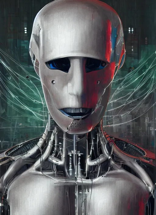 Image similar to a hyper - detailed fine painting of a synthetic man ( cyber - organic ), dystopian concept art