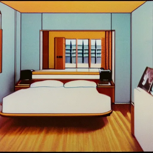 Prompt: a bedroom with a Commodore 64. 1983.