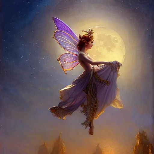 Image similar to attractive fairy queen fly high in the night, fantasy, full moon in background. hyper detailed painting by gaston bussiere, craig mullins, j. c. leyendecker, mid shot, 8 k, cryengone, cinematic lighting, beautiful,