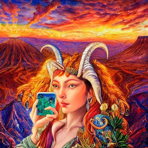 Image similar to painting by senior concept artist josephine wall, horned ram goddess checking her cell phone, erupting volcano and sunset in distance in background, flowers in foreground, zodiac, fantasy, acrylic on canvas, intricately detailed, highly detailed, high resolution, hd, hdr, 8 k, trending on artstation,