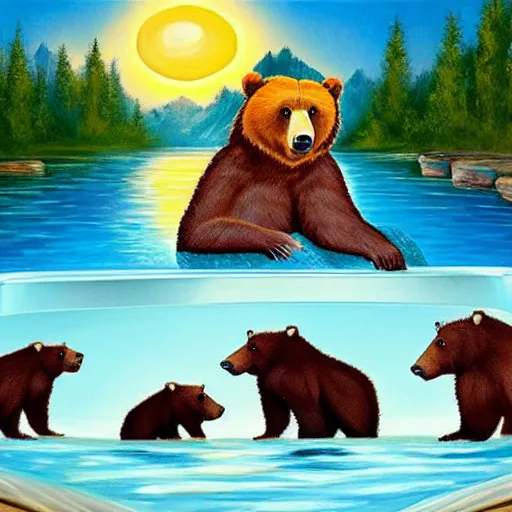 Image similar to grizzly bear family chilling in a hot tub, calming, nature, painting, cute, bob ross.