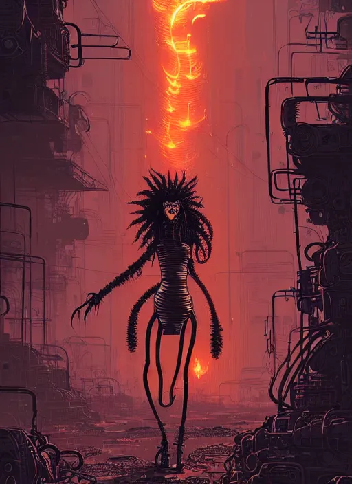 Prompt: highly detailed portrait of wasteland punk long curly fire hair tribal lady, stray wiring by atey ghailan, james gilleard, by joe fenton, by greg rutkowski, by greg tocchini, by kaethe butcher, 4 k resolution, gradient red, orange, black and white color scheme!!! ( ( flaming robotic dystopian city spiral background ) )