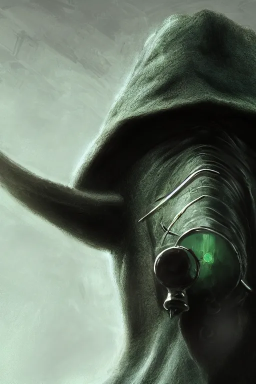 Image similar to A closeup of a green Plague Doctor holding a medical syringe by Greg Rutkowski, Bloodborne, 4k photorealistic, volumetric lighting, HD, high details, dramatic, dark atmosphere, trending on artstation