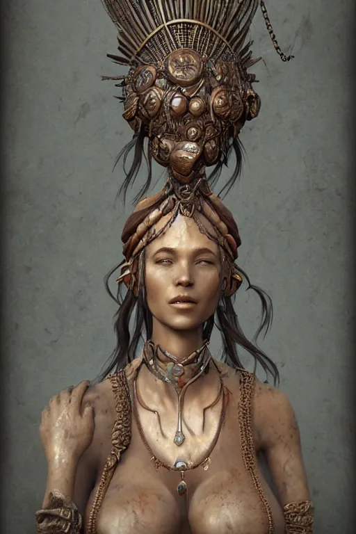 Image similar to a woman wearing a headdress and a necklace, a bronze sculpture by Bastien Lecouffe-Deharme, trending on cgsociety, afrofuturism, zbrush, daz3d, detailed painting